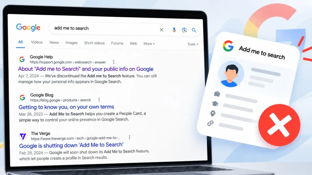 Google search results for Add Me to Search showing that the People Card feature is no longer available.