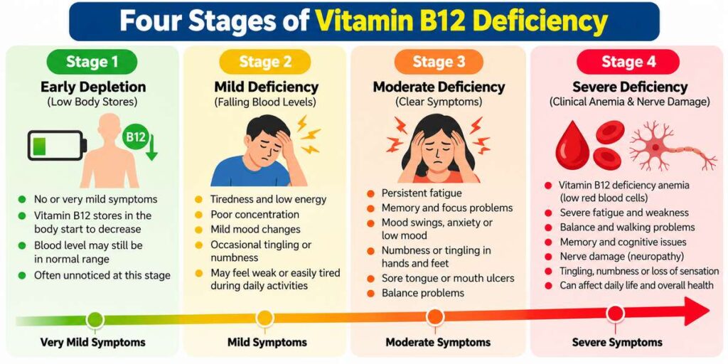 Vitamin B12 deficiency symptoms grouped into physical, neurological and psychological signs