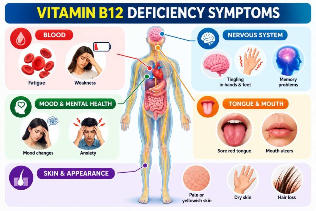 Diagram of vitamin B12 absorption showing stomach acid, intrinsic factor and the small intestine