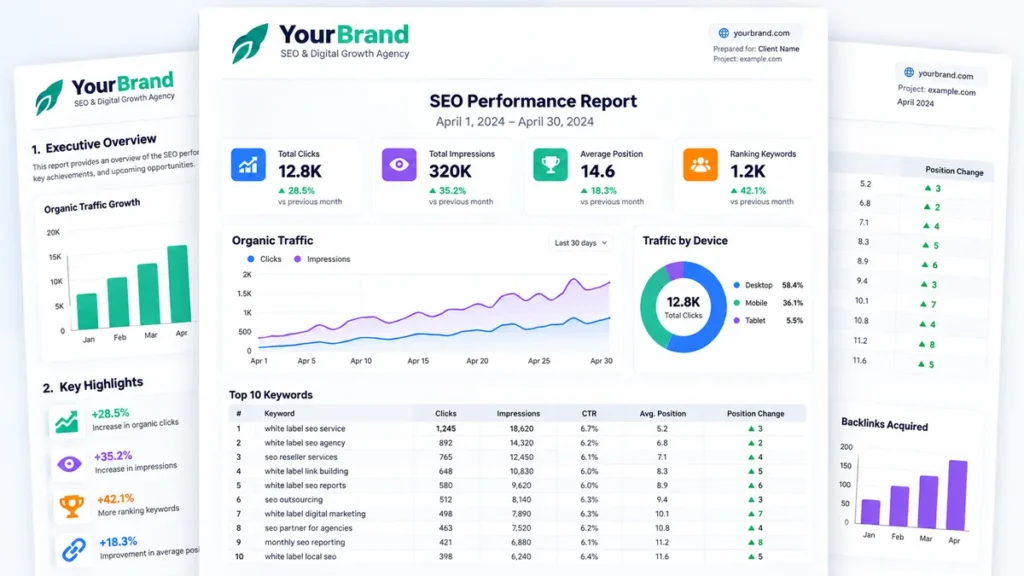 How to Choose a Provider Screenshot A sample branded SEO report with logo, traffic graph and keyword table white label seo sample report